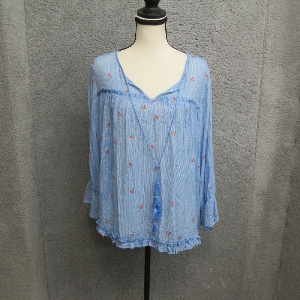 Cherry Print Striped Boho Tunic Shirt Women M Blue Tassel Hem Ruffle Cottagecore